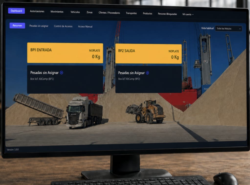 Panel del software Truck & Scales en un monitor: básculas de entrada y salida, pesadas y control de accesos